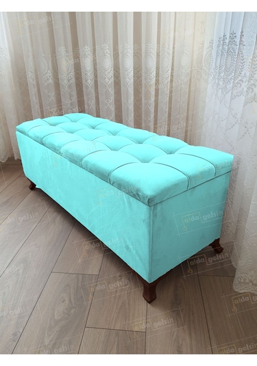 Lüks Çizgi Kapitoneli Sandıklı Puf Bench 120 Cm Cevizayak Turkuaz