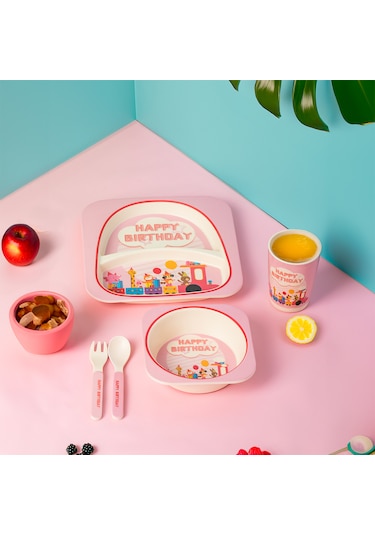 Porsima 233 Figürlü Mama Seti Bebek Mama Tabağı Bambu Mama Seti Pembe