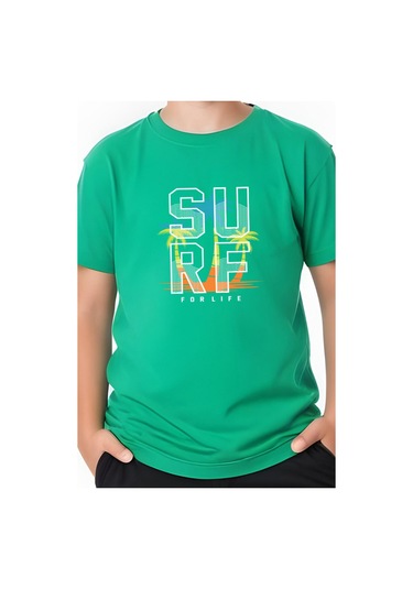 Surf Baskılı Erkek Çocuk Kısa Kollu Tişört Yeşil