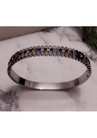 Giftworld Çelik Silver Taşlı Kelepçe Bileklik