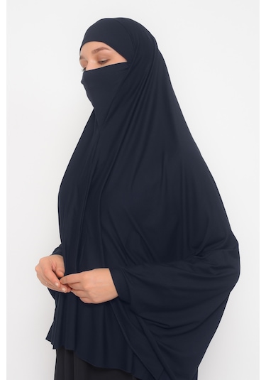 Altobeh Kollu Sufle Çarşaf Üstü Peçeli Pratik Tesettür Hijab - Nikaplı Namaz Örtüsü - Lacivert