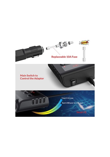 Geeroyoo 100w Yüksek Güçlü Araç Şarj Cihazı: 3 Priz, 4 Usb Portlu, Led Voltaj Göstergeli, On-off Anahtarlı, Araba, Kamyon, Suv İçin