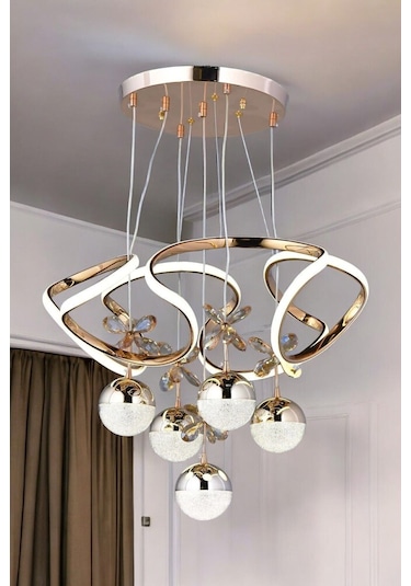 Ey-El Tasarım Galaksi Modern Sarkıt Led Avize 3 Renk Sarı Gold Kaplmalı Toplu Kelebek Taşlı Gold