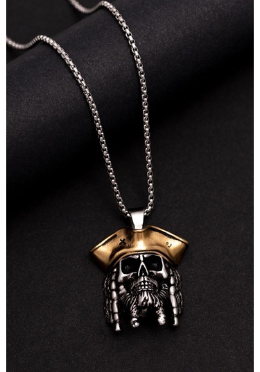 Jack Sparrow Figürlü Beyaz - Sarı Çelik Kolye - Sevgiliye - Eşe - Babaya - Arkadaşa Hediye Kolye