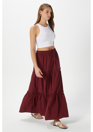 Kadın Elanora Bordo Astarlı Katlı Poplin Etek Bordo