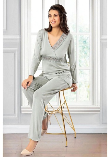 Faal 8614 Kadın Uzun Kollu Dantel Detaylı V Yaka Pijama Takımı-gri Gri