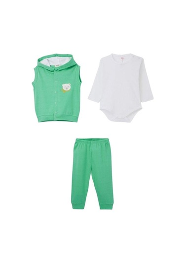 Erkek Bebek Üçlü Ayıcık Detaylı Yelekli Takım-15294 Yesil