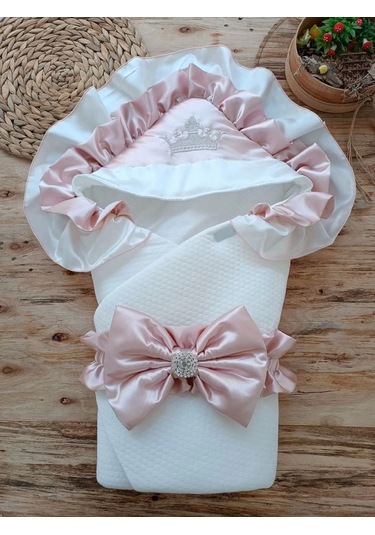 Yenidoğan Mehtap Lüks Kelebek Taç Nakışlı Bebek Battaniyesi Kundak Gül Kurusu Gül Kurusu