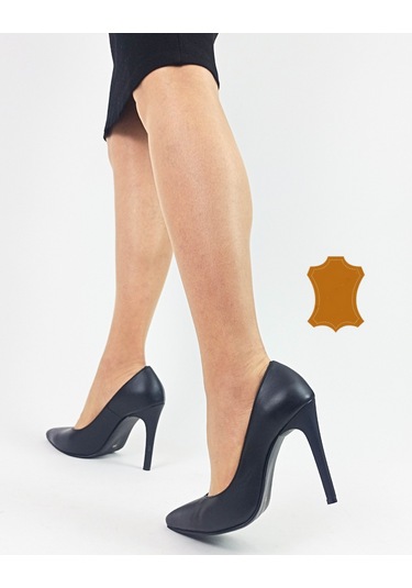 Hakiki Deri Siyah İnce Yüksek Topuk Kadın Stiletto Siyah