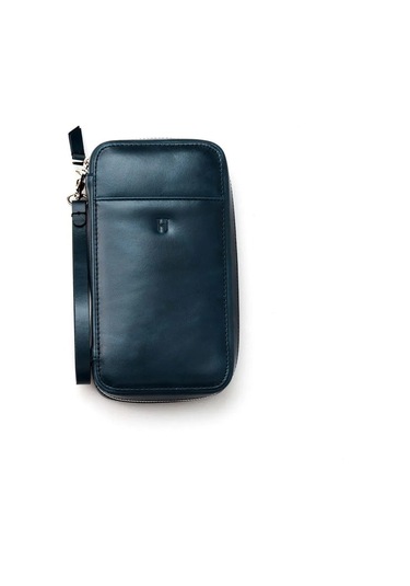 Carlye Hakiki Deri Lacivert Uniseks Ön Cepli Bileklikli Fermuarlı Rfid Korumalı Çanta Lacıvert