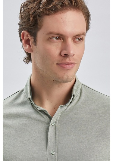 Imza Koyu Haki Desenli Oxford Polo Yaka Cepli Casual Slim Fit Dar Kesim Tişört 1011240178-Koyu Haki