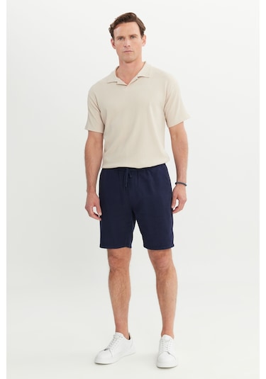 Erkek Lacı %100 Pamuk Comfort Fit Beli Bağlamalı Flamlı Yan Cep Şort Lacı Lacivert