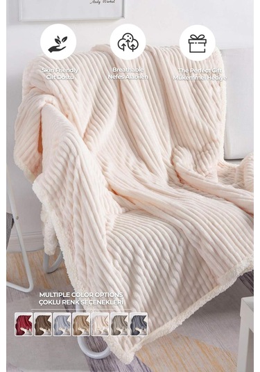 Sherpa Battaniye Çift Kişilik Çizgili Yumuşak Peluş Wellsoft Yatak Örtüsü Krem