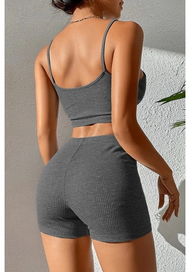 Kadın Antrasit Gri Şortlu Kaşkorse Gecelik Takım Çok Renkli