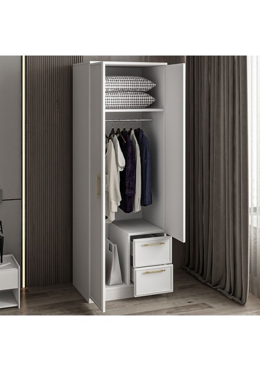 Vespera Çıta Detaylı, 2 Kapaklı, Çekmeceli Gardırop Beyaz, 60 Cm