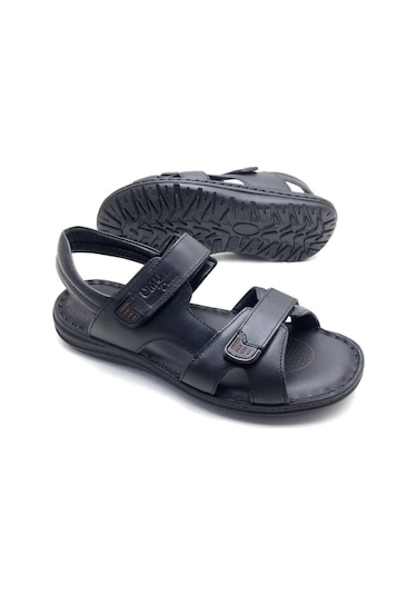 Erkek Hakiki Deri Ortopedik Sandalet Siyah