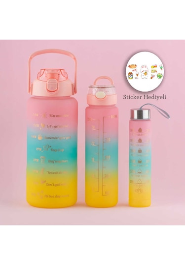 Porsima 11918 3lü Motivasyon Stickerlı Kokusuz Matara Suluk Pembe