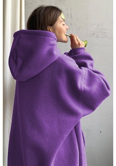 Madmext Mor Kapüşonlu Oversize Şardonlu Sweatshirt Mg1566 Mor