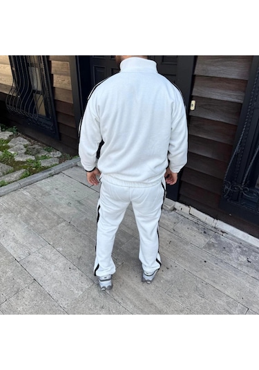 Erkek Çift Şeritli Eşofman Takım Dik Yaka Fermuarlı Sweatshirt Boru Paça Alt, Oversize 3 İplik Pamuk Beyaz