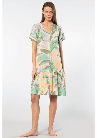 Türen 3603 Kadın Kısa Kollu Önden Düğmeli Dokuma Kloş Elbise-yeşil Yeşil