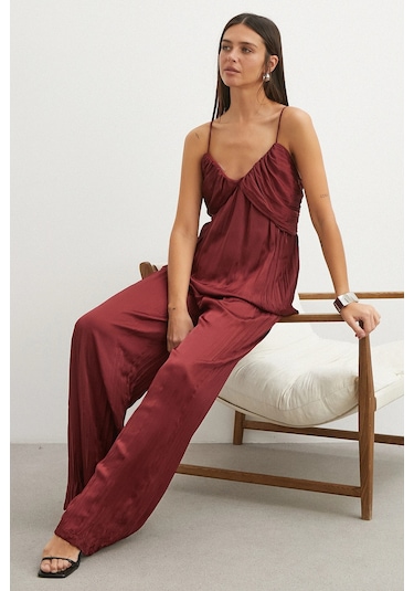 Uterpe Mürdüm Pliseli Saten Pantolon Bordo