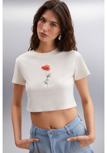 IRMA 100% Pamuk Kadın Crop Vanilya T-Shirt