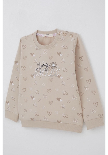 Breeze Kız Çocuk Sweatshirt Kalp Desenli Yazı Baskılı 1.5-5 Yaş, Bej Bej
