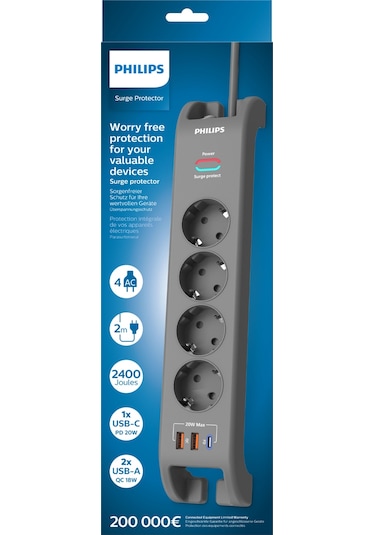 Philips Spn4140ga Akım Korumalı Priz 4'lü + 2x Usb-a 18w + 1x Usb-c 20w - 2m Kablo - Siyah 2 m