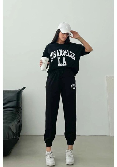 Los Angeles T-shirt Eşofman Altı Jogger- Siyah Baskılı Alt Üst Eşofman Takım Oversize Bisiklet Yaka Siyah
