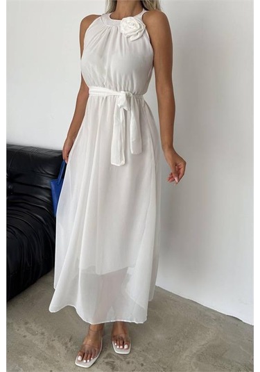 Kadın Astarlı Sıfır Kol Şifon Elbise Dpnbk2144 Beyaz