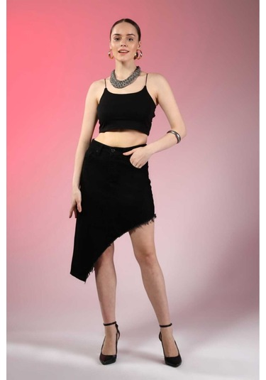 Shevega Kadın Siyah Etek Püskül Asimetrik Kesim Keten Etek Siyah