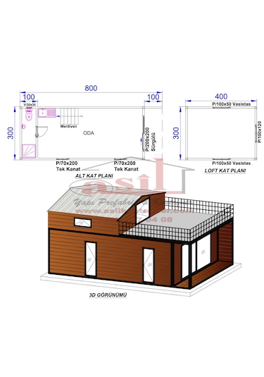 36 M² Loft Katlı,balkonlu, V Çatı + Verandalı Ahşap Desen Betopan