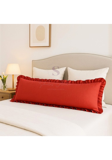 Fırfırlı Vintage Buldan Keten Kırmızı Renk Iskandinav Uzun 40x100 Kırlent Yastık İçi Dolgulu Kırmızı