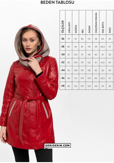 Kırmızı Julia Triko Kapüonlu Kemerli Hakiki Kadın Deri Kaban-kırmızı Kırmızı