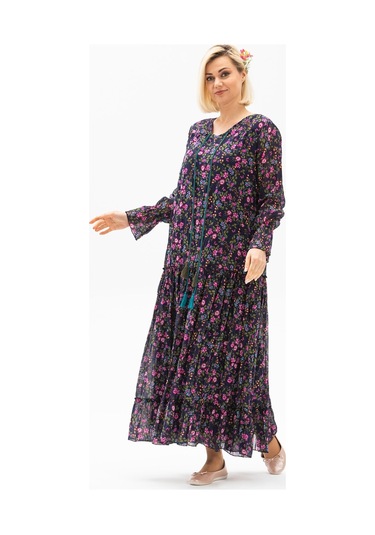 Uzun Kol Vual Gonca Uzun Elbise Tomurcuk Desen Koyu Mor 6169-koyu Mor