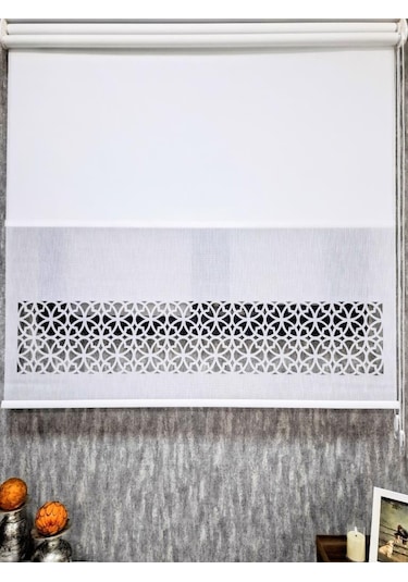 Bbb Çift Mekanizmalı Keten Lazer Kesim Tül Ve Stor Perde Mlt5017 Beyaz