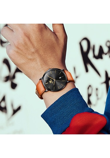 Olevs 5869 Erkekler İş Su Geçirmez Hakiki Deri Kayış Kuvars Saat Siyah + Kahverengi