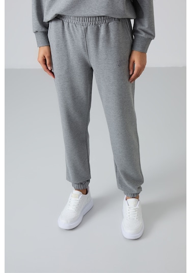 Tommy Life Gri Melanj Basic Pamuklu O Yaka Oversize Lastik Paça Kadın Eşofman Takım - 95287 GRİ MELANJ