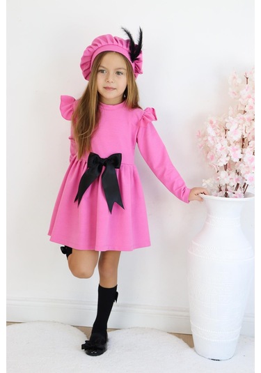 Kız Çocuk Pembe Sofia Pamuklu Fiyonk Detaylı Elbise Kep Abiye Takım Pembe