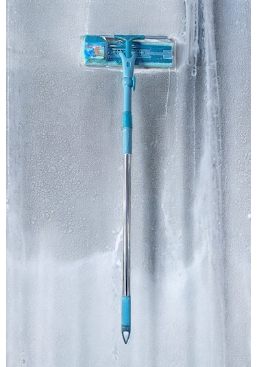 Mikrofiber Cam Mopu Yedek Bezli Cam Silme Aparatı Çekçekli Açık Mavi