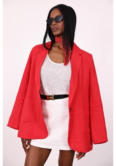 Kırmızı %100 Ham Keten Ceket Kırmızı