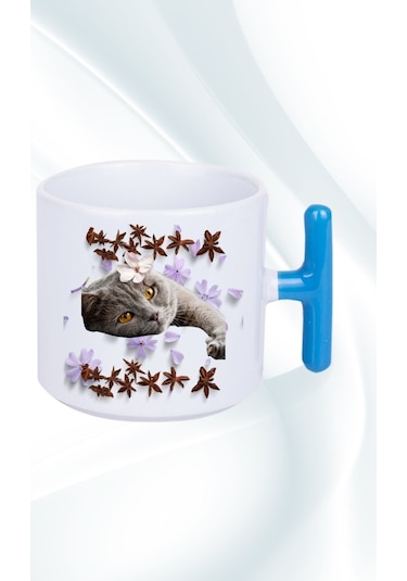Sevimli Kedi Baskılı T Saplı Kupa Bardak Porselen Çay Kahve Fincanı