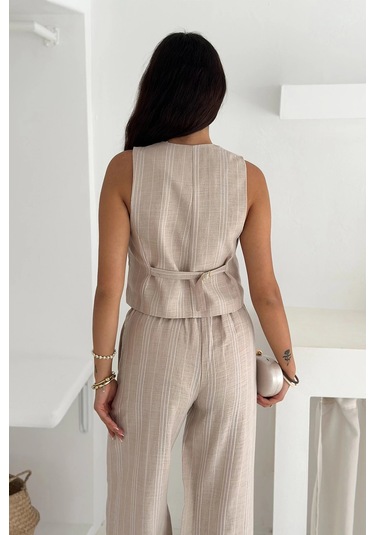 Çizgili Kumaş Yelek Takım Krem Krem