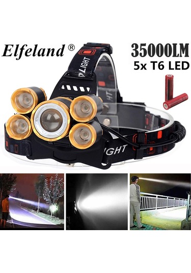 90000lm Elfeland 5xt6 Led Far Şarj Edilebilir Far Kafa Lambası Torch +18650 Siyah