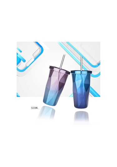 Monyee 500ml Çift Duvarlı Paslanmaz Çelik Termos Bardak, 6 Saat Isı Saklama, Kaçırmaz Kapağı Ve Pipet İle Seyahat Kahve Bardağı - Sarı-mavi Diamond Desen Sarı&mavi