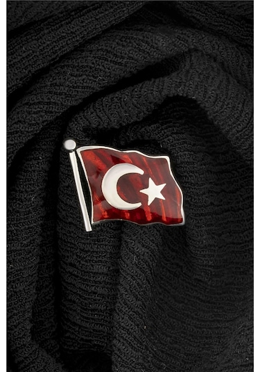 Mineli Türk Bayrağı Gümüş Rozet -5874 Gümüş