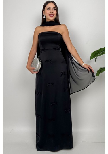 Lilina Straplez Fiyonk Detaylı Şal Aksesuarlı Uzun Siyah Abiye Elbise Siyah