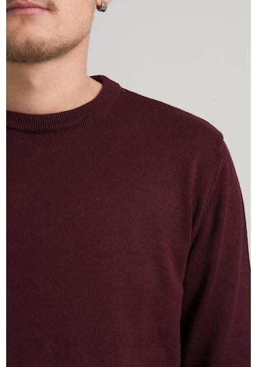 Sıfır Yaka Pamuklu Slimfit Basic Erkek Triko Kazak Bordo