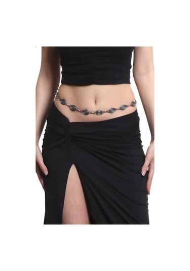 Kadın Antrasit Lak Kaplama Spiral Baskılı Oval Parçalı Ayarlanabilir Bel Zinciri, Bel Kolyesi Antrasit