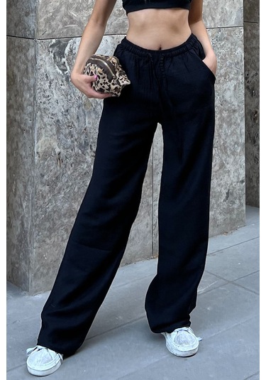 Keten Karışımlı Bol Kesin Pantolon